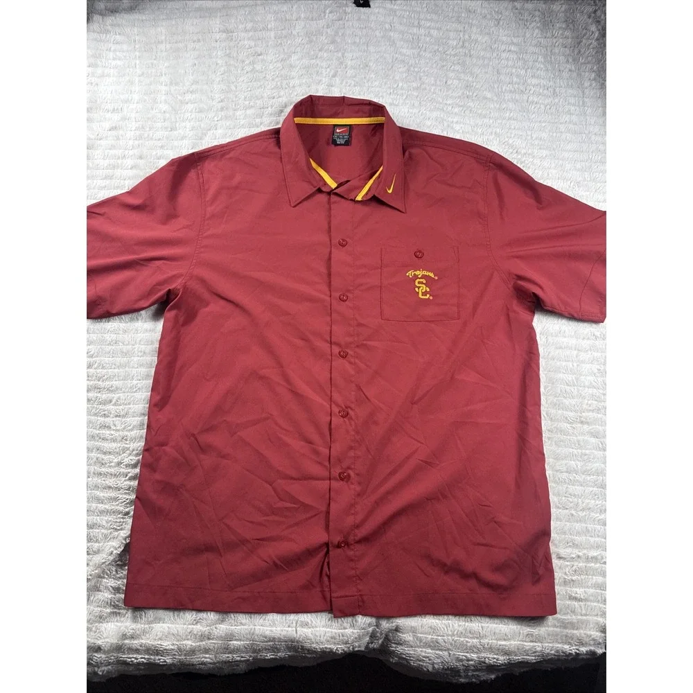 VTG Nike Team USC Trojans Dri-Fit Button Up Shirt Mens XL Crimson Maroon Woven
